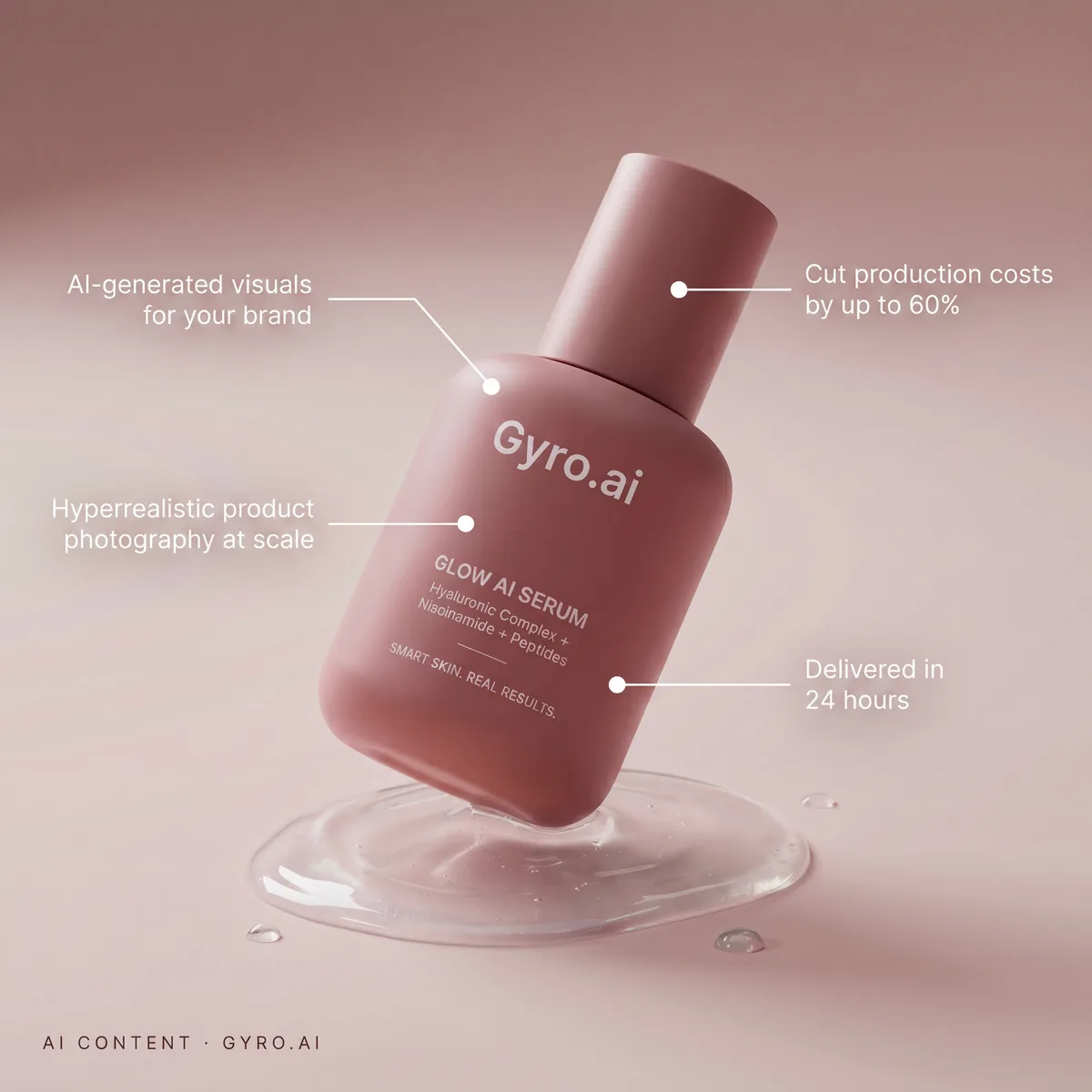 Creatividad publicitaria generada con IA: frasco de skincare con anotaciones de beneficios para anuncios en Meta y TikTok