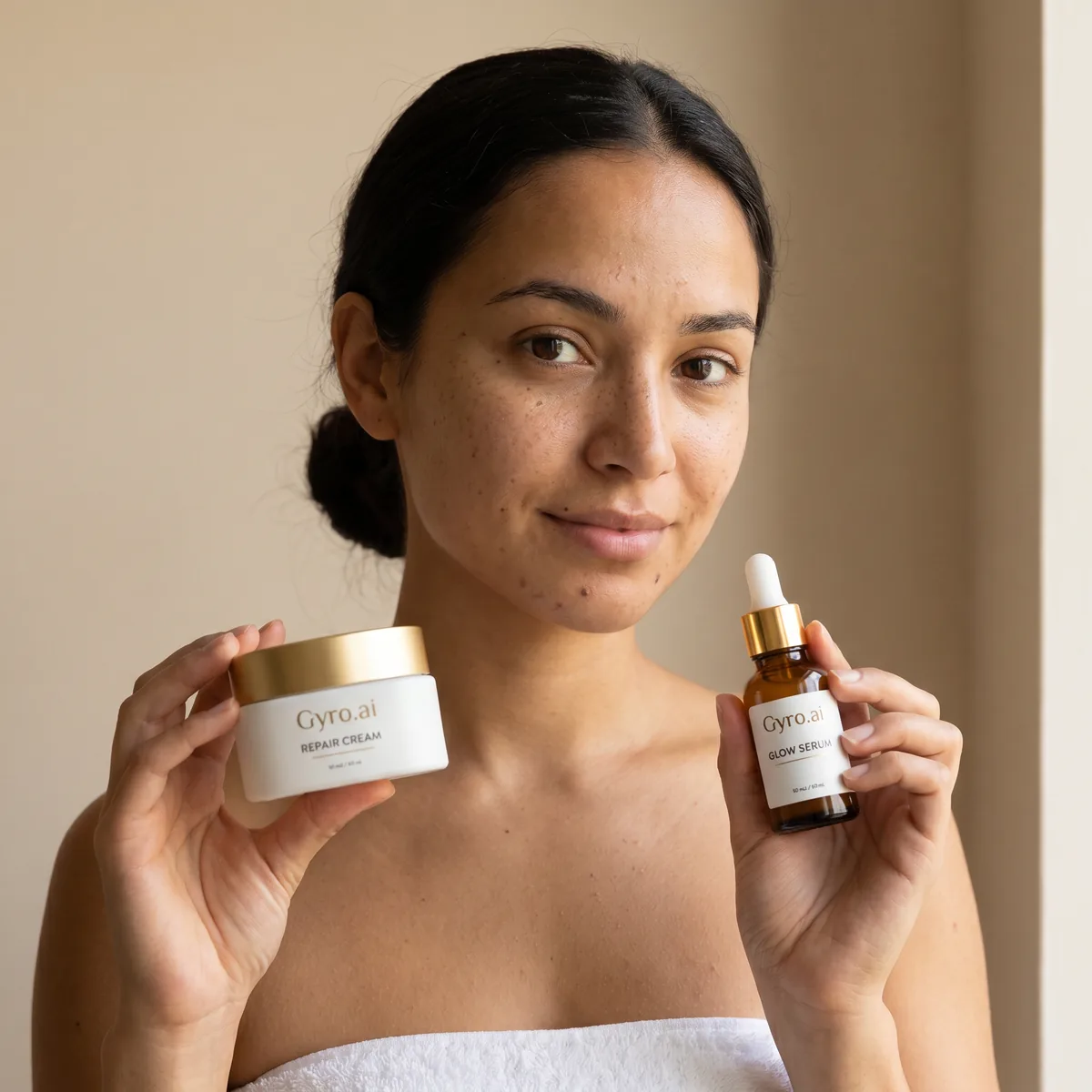 Modelo virtual generada con IA sosteniendo crema y sérum de skincare, contenido UGC para marca beauty